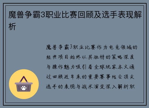 魔兽争霸3职业比赛回顾及选手表现解析